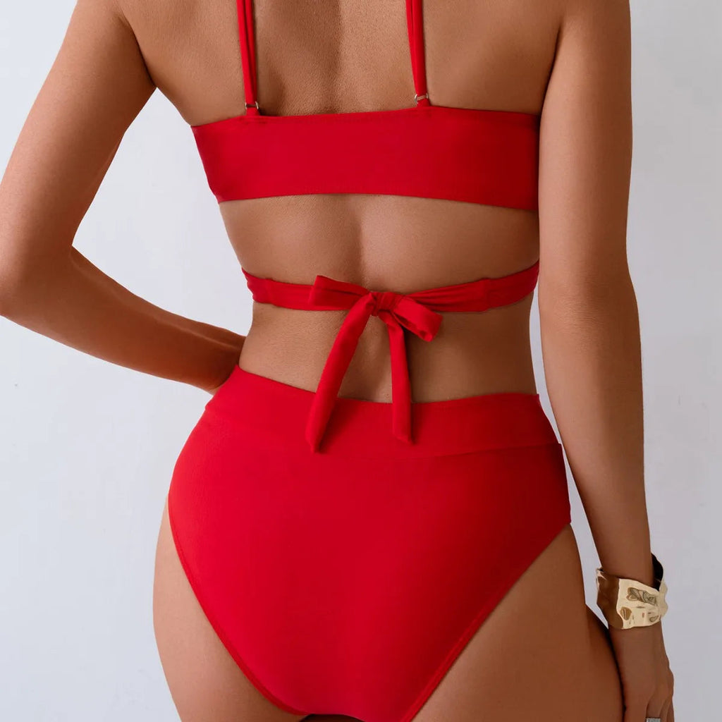 2025 New Sexy High Waist Two-piece Bikini Women's Solid Swimsuit Hollow Sling Backless Swimwear Tight Cross Gathered Beachwear Aviola