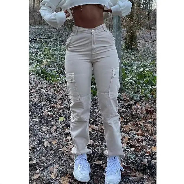 Women Jeans Spliced Cargo Denim Pants Ankle Length Jean Pockets High Waist Washed Loose Solid Straight Pant Basics Casual Aviola