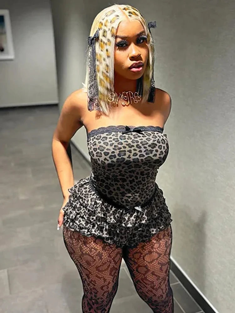 Nibber Sexy Leopard Print 2 Piece Set Women Mesh Patchwork Strapless Tops+Ruched Tierred Shorts  Hottie Street Hipster Suits Aviola