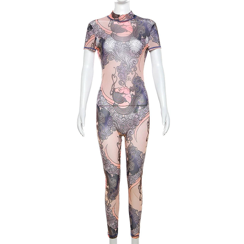 NIBBER Summer Women Round Neck Fashion Printing Short Sleeve Jumpsuit Body Shaper Jumpsuit Street Casual Spice Girl Clothing Aviola