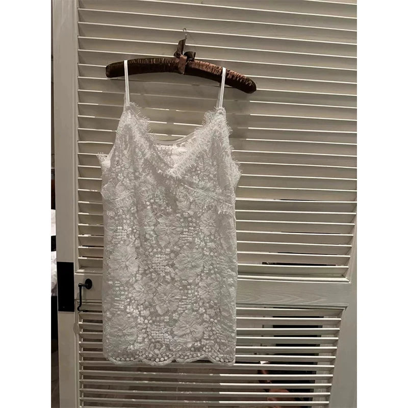 MEXZT Lace Sheer White Tank Top Women Y2K Sexy V Neck Black Camis Fashion Gyaru Streetwear Korean Hollow Out Design Casual Tees Aviola