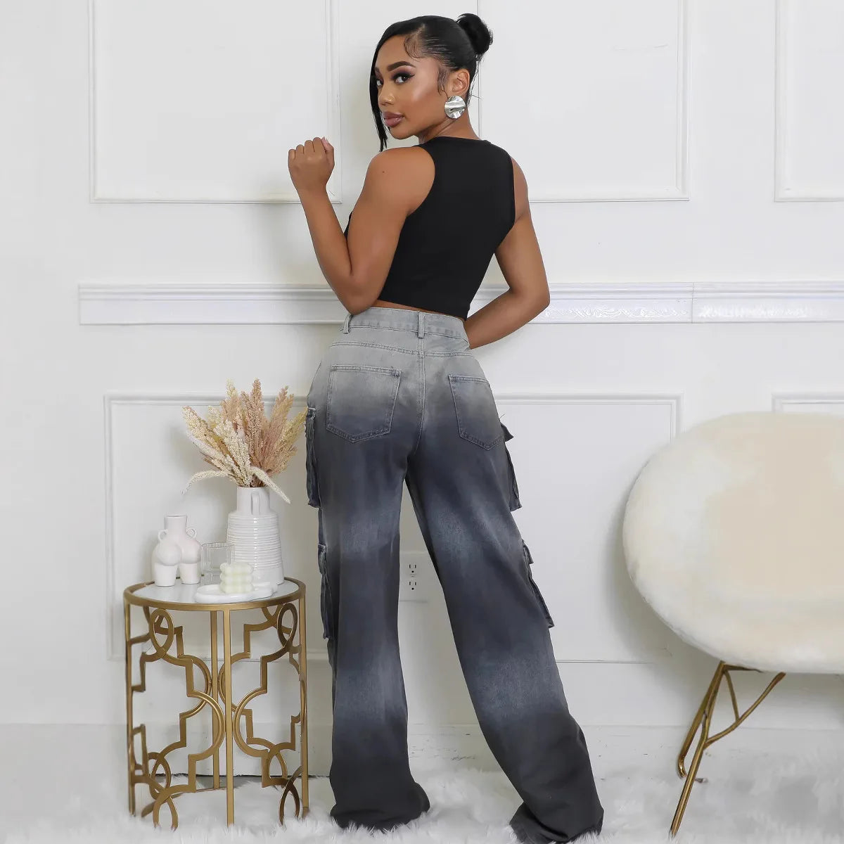 Jeans Women Denim Long Pant Cargo Pants Gradation Pockets High Waist Straight Trousers Y2k Streetwear Party Club Casual Loose Aviola