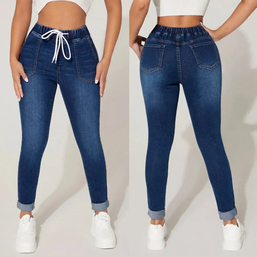 Stretch Pencil Pants Women High Waist Lace Up Distressed Denim Ankle Length Trousers Slim Denims 2025 Streetwear Vintage Jeans Aviola