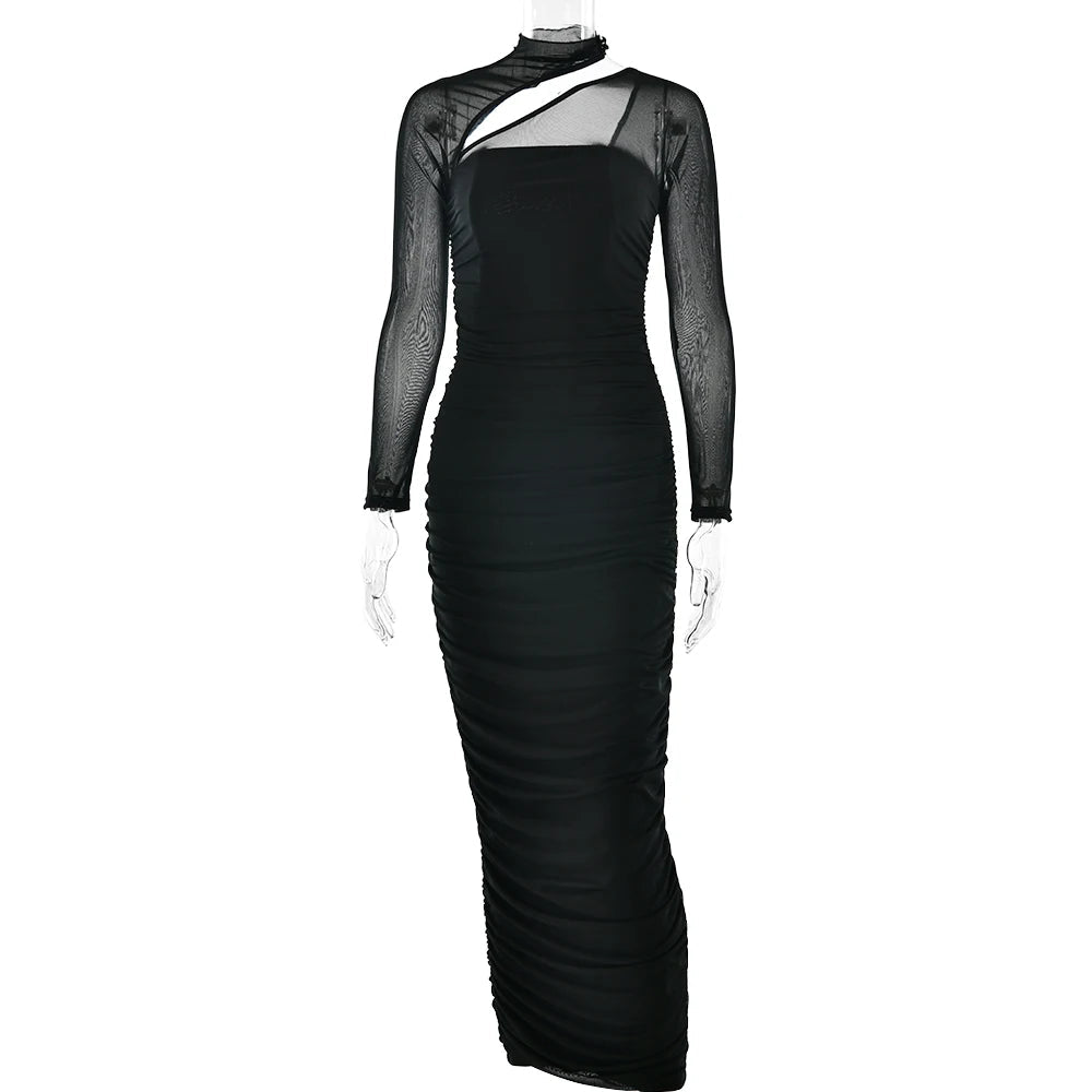 Nibber Mesh Patchwork Women Dress Long Sleeves Elegant Temperament Irregular Diagonal Collar Folds Zipper Stretch Long Bodycon Aviola