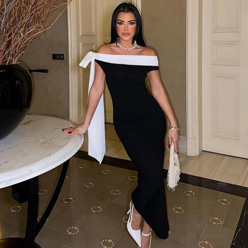 Nibber Black White Patchwork Woman Dress Elegant Bow One Shoulder Sleeveless Frenulum Temperament Skinny Noble Gown Vestidos Aviola