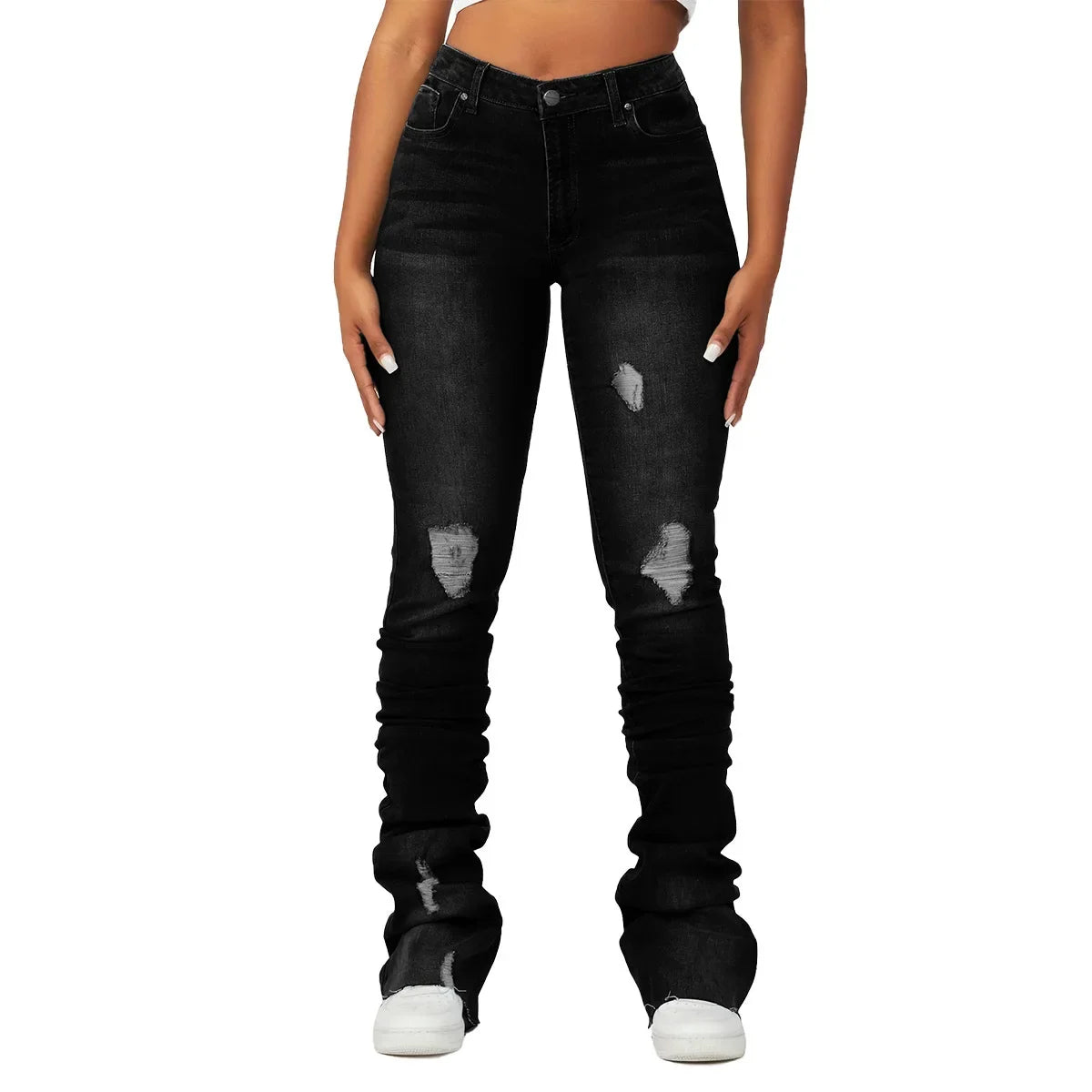 Washed Denim Straight Pants Women Ankle Length Jean Ripped Hole Distressed Pockets Solid Casual Skinny Vintage High Waist Aviola