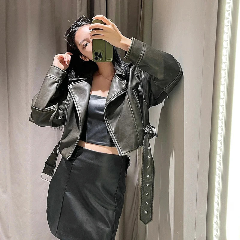 RARF Women's new vintage wash to do old short lapel long sleeve loose pu imitation leather jacket coat Aviola