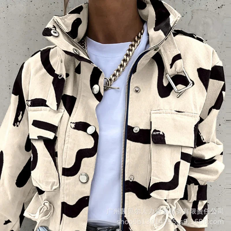 2023 Autumn Women Geometric Jackets Tops Vintage Print Long Sleeve Button Jacket Coat Ladies Leisure Outerwear Short Tops Aviola