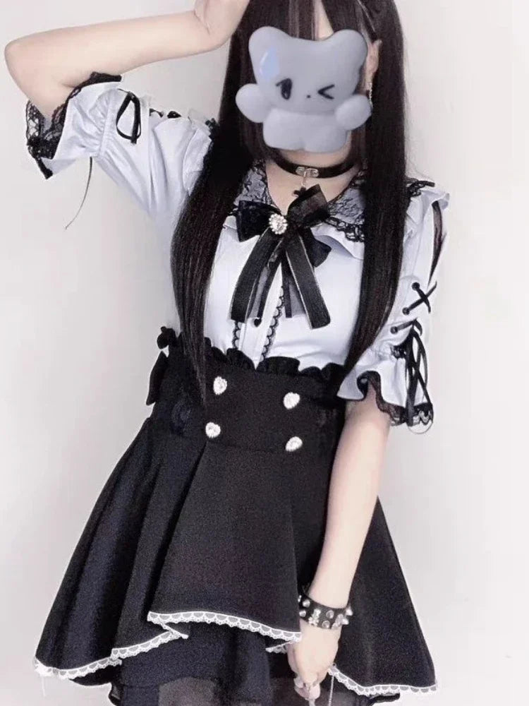 MEXZT Kawaii Bow Pink Shirts Women Japanese Jk Lolita Lace Patchwork White Blouses Summer Y2K Aesthetic Flare Short Sleeve Tops Aviola
