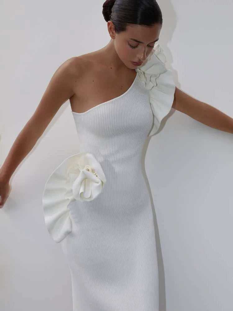 Nibber Casual Strapless Maxi Dress Women Ruched 3d Flowers Diagonal Collar Backless Holiday Crochet Elegant Fashion Vestidos Aviola