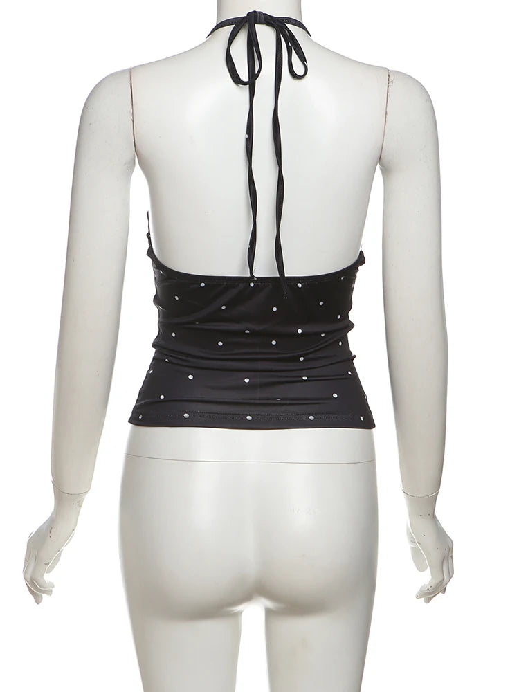 Nibber Polka Dot Print Tops Women v-Neck Halter Lace-Up Backless Sleeveless Skinny Sexy Daily Street Summer Versatile Outfits Aviola