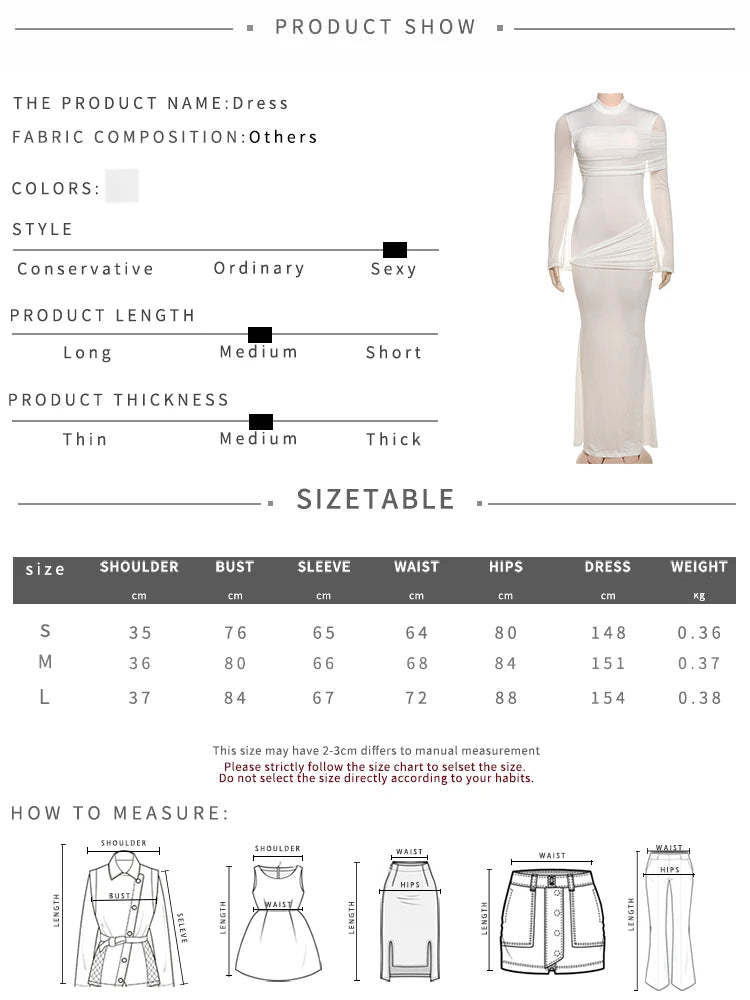 Nibber o-Neck Maxi Dress Women Mesh Long Sleeves Folds Elegant Temperament Autumn Trend Skinny Solid Banquet Simple Vestidos Aviola