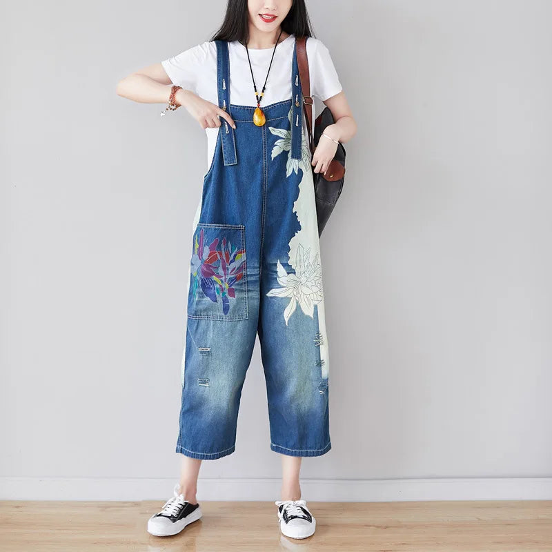 Ankle Length Denim Overalls Women Jeans Spliced Wide Leg Pants Streetwear Washed Jean Loose Fit Pockets 2024 Print Summer Aviola