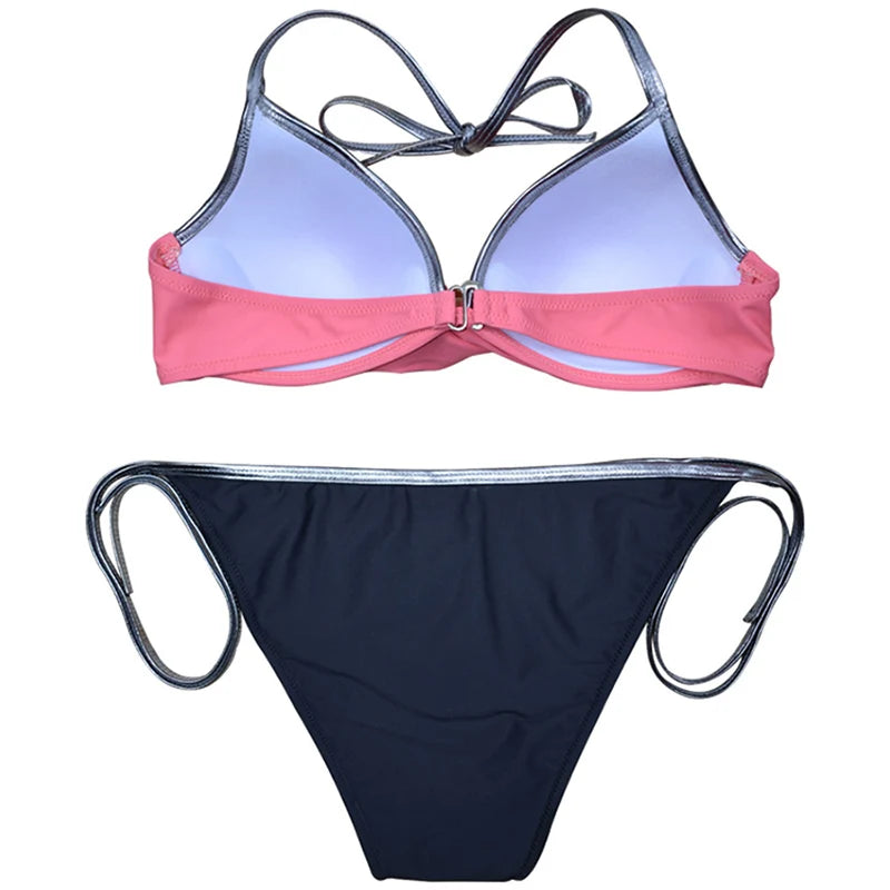 2025 New Sexy Two-piece Bikini Women's Patchwork Halter Swimsuit Hollow Backless Swimwear Tight Cross Push Up Beach Bathing Suit Aviola