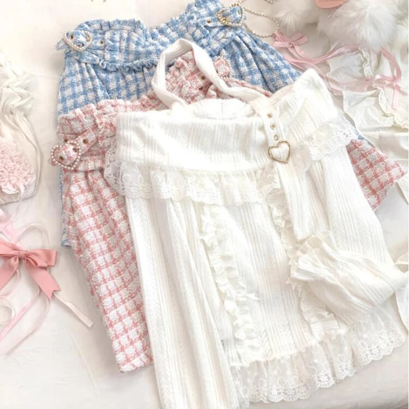 MEXZT Kawaii Pink Slash Neck Sweater Women Lolita Lace Patchwork Knitted Pullovers Y2K Cropped Halter Knitwear Aesthetic Jumpers Aviola