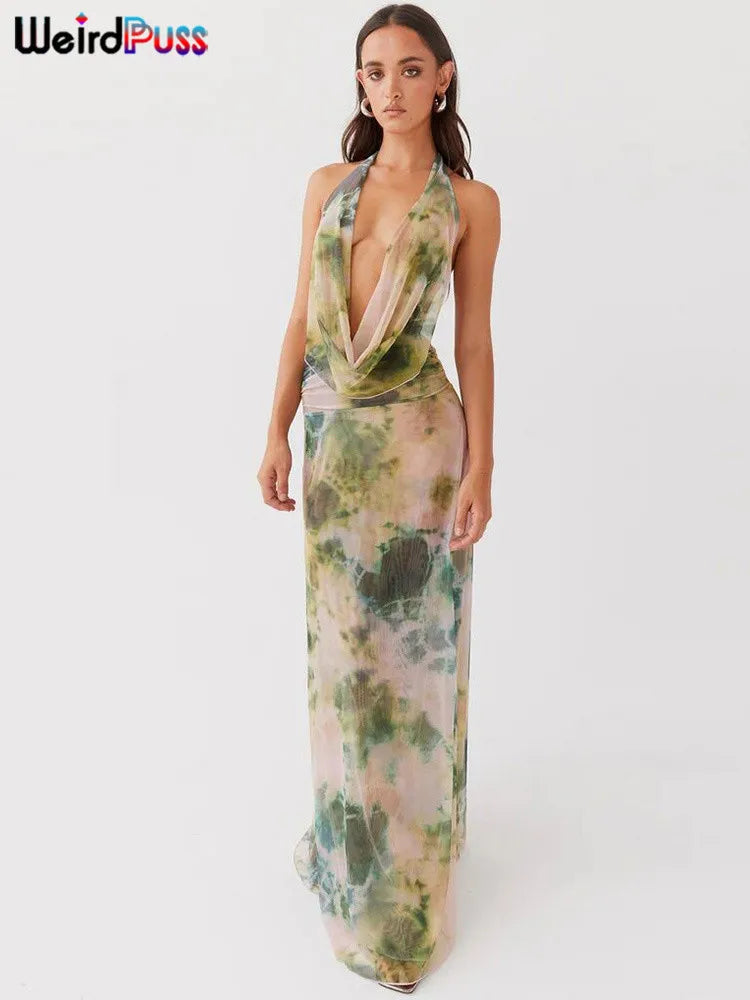 nibber Backless Halter 2Peice Set Woman Print Summer Swinging-Collar Bandage Tank Tops+Mesh Ruffles Tie-Dye Skirt Matching Suit Aviola