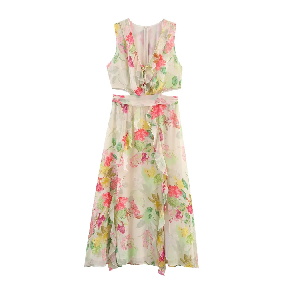 BM&MD&ZA2025layered decorative V-neck sleeveless flower print waistless design dress A-line skirt summer new women's clothing Aviola