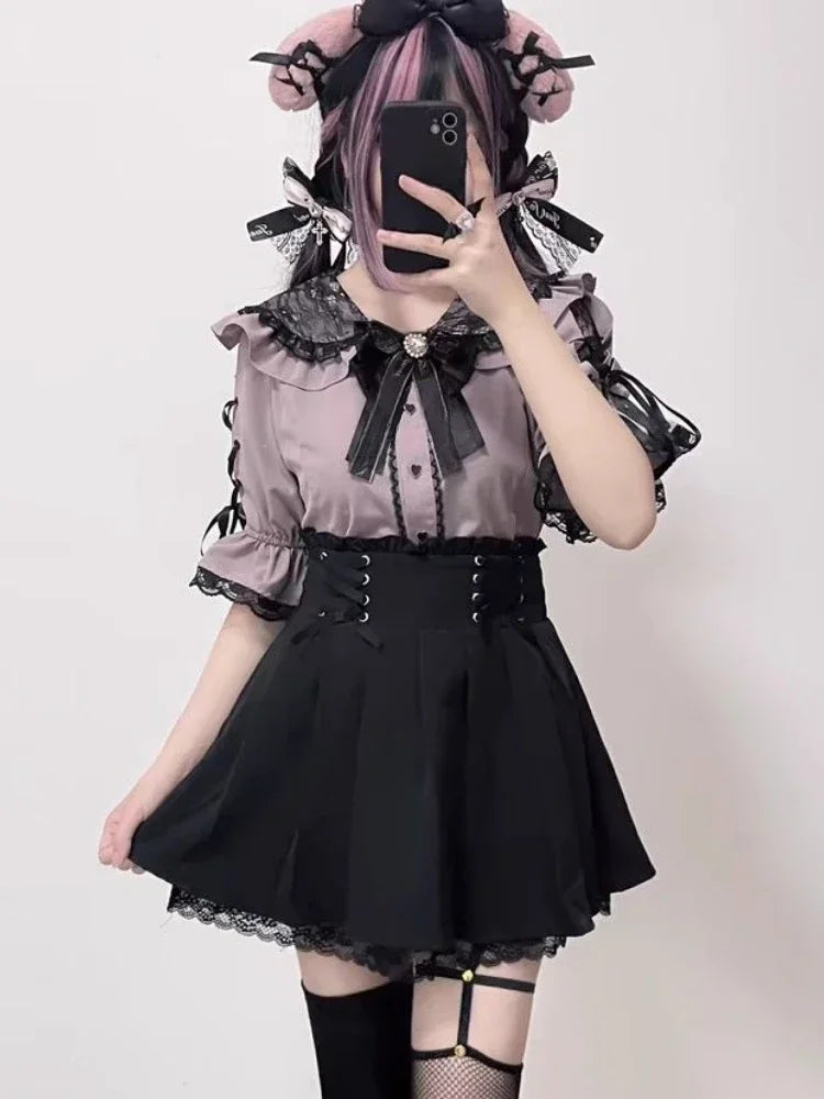 MEXZT Kawaii Bow Pink Shirts Women Japanese Jk Lolita Lace Patchwork White Blouses Summer Y2K Aesthetic Flare Short Sleeve Tops Aviola