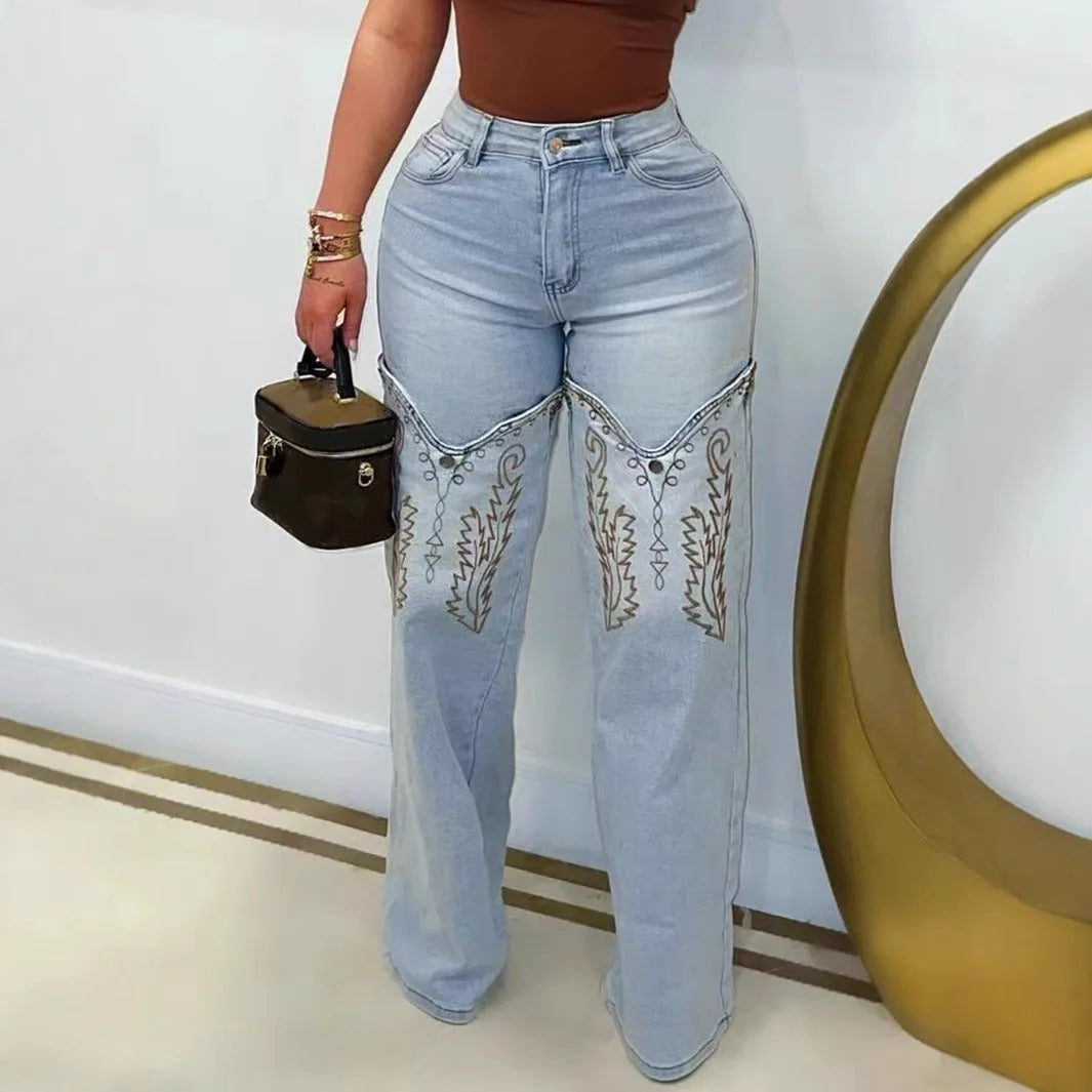 Denim Pant Women Jeans Wide Leg Long Pants High Waist Straight Trousers Y2k Streetwear Embroidery Splice Mom Jeans Party Club Aviola