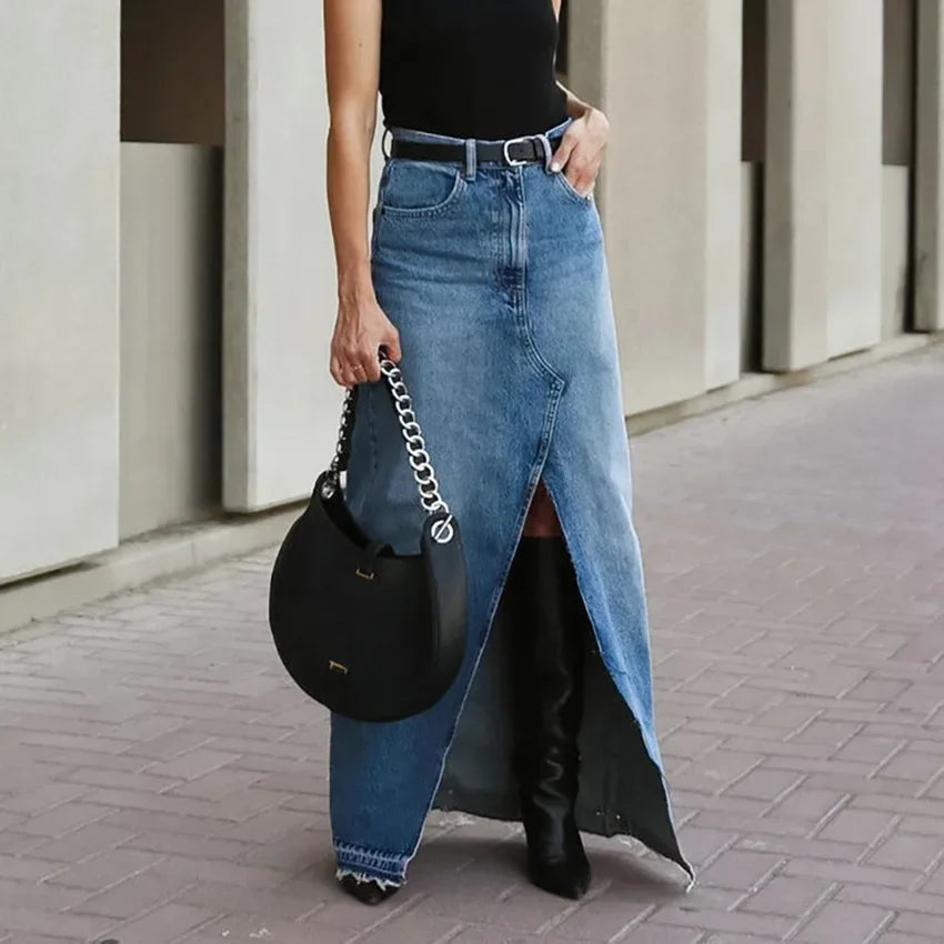 Denim Long Skirt Women Split Skirts Stretch High Waist Pockets Washed Distressed Mom Jeans 2025 Summer Streetwear Vintage A Line Aviola