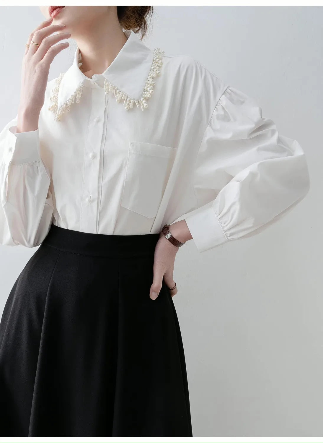 MEXZT Elegant White Shirts Women Fashion Beading Patchwork Blouses Office Ladies Korean Long Sleeve Pocket Design Casual Tops Aviola