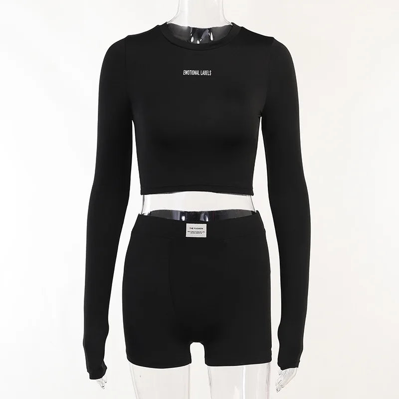 Round Neck Long Short sleeved 3/4 Shorts Two piece Women's Fashion Sports Versatile Set Aviola