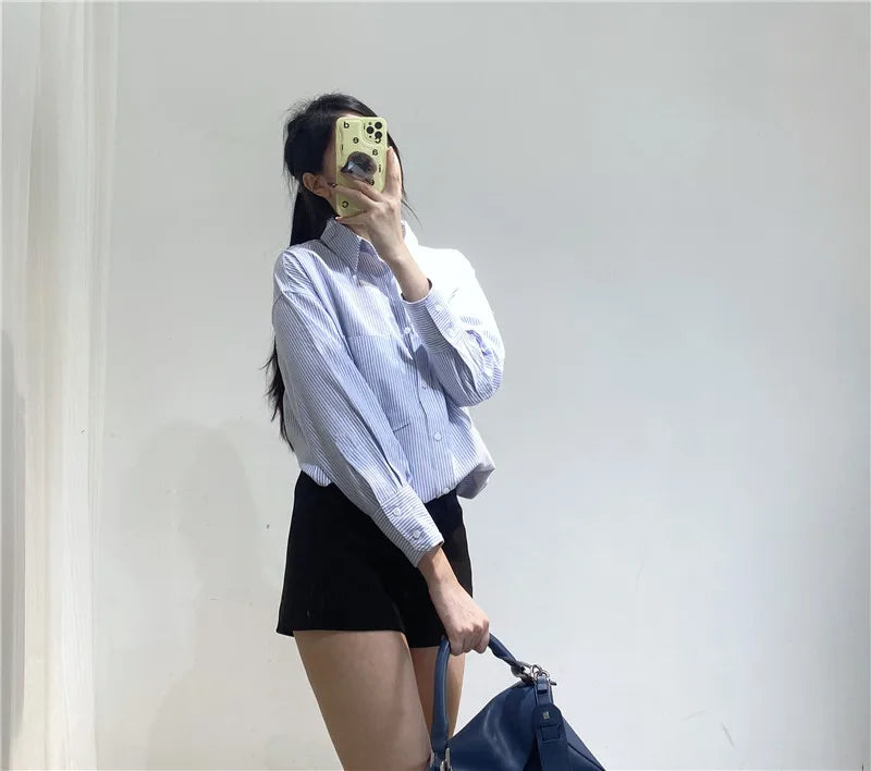RARF Women Autumn Single Breasted Blouses Vintage Lapel Collar Long Sleeve Office Lady Female Shirt Chic Pocket Top Blusas Aviola