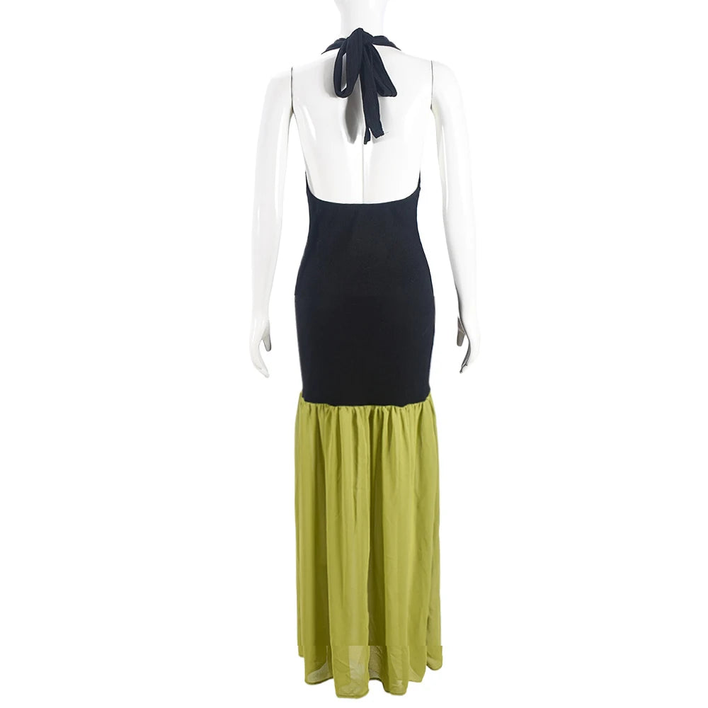Nibber Patchwork Color-Blocking Women Dress Temperament Metal Trim Sleeveless Hollow Skinny Backless Splits Holiday Vestidos Aviola