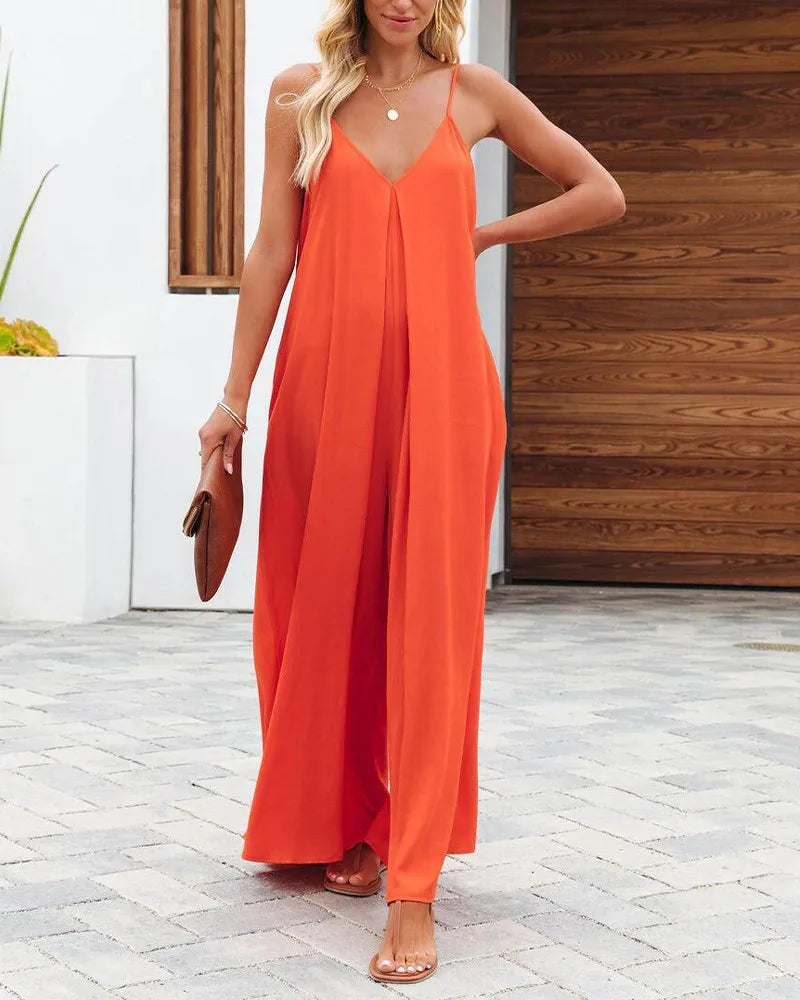 Women Jumpsuits V Neck One Piece Ankle Length Wide Leg Pants Rompers Backless Overalls Solid Pockets Loose Casual Mid Waist Aviola