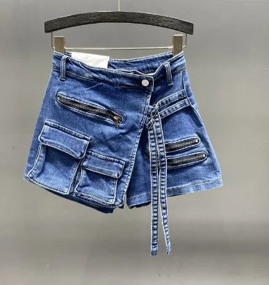 Denim Skirt Women Jeans Culottes Cargo Shorts Irregular Washed High Waist Multiple Y2k Punk Streetwear Short Pants Summer 2025 Aviola