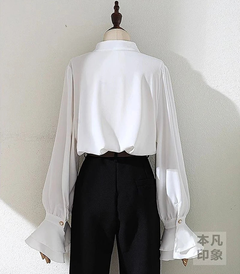 MEXZT Vintage White Shirts Women Elegant Ruffles Flare Long Sleeve Blouses Office Ladies Korean Single Breasted Design Chic Tops Aviola
