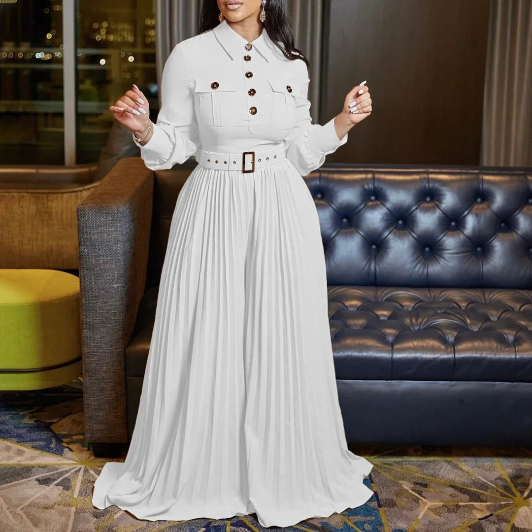 pleated Jumpsuits Women Single Breasted Long Sleeve Rompers Overalls Wide Leg Pants Spliced Sashes Slim Fit One Piece Button Aviola