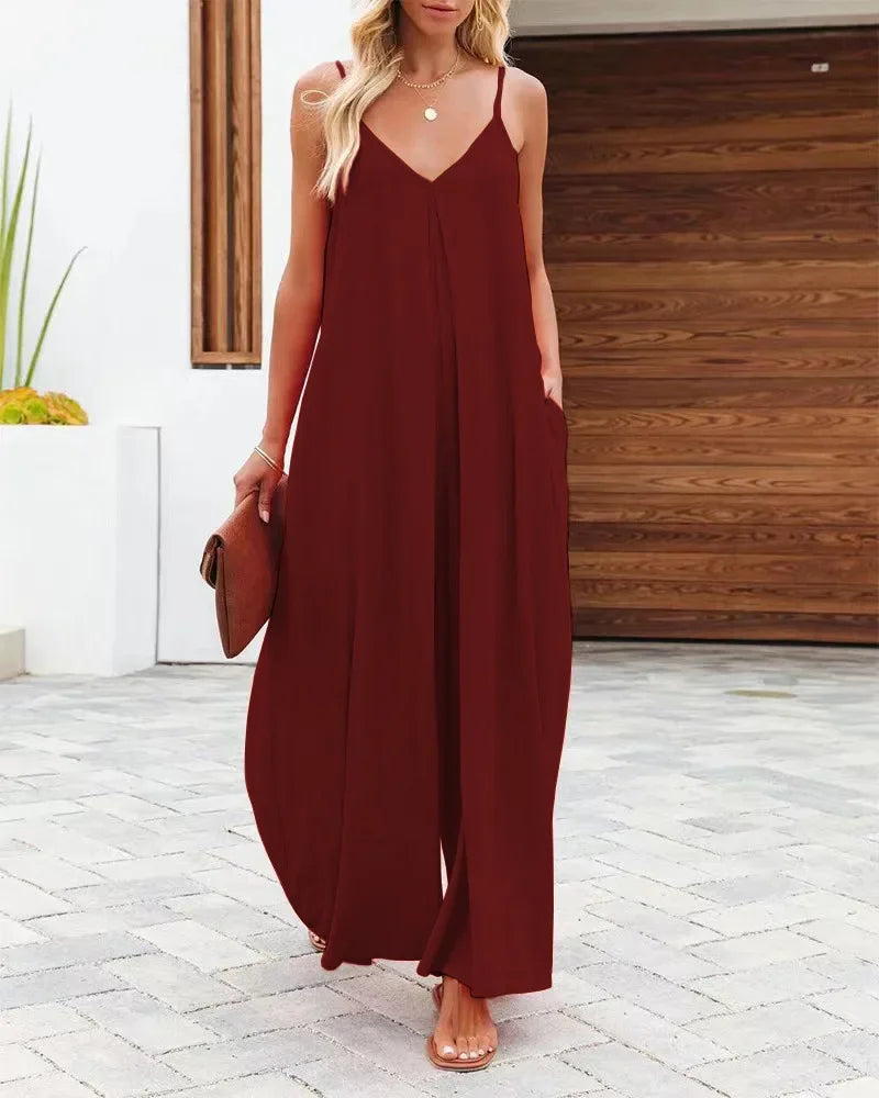 Women Jumpsuits V Neck One Piece Ankle Length Wide Leg Pants Rompers Backless Overalls Solid Pockets Loose Casual Mid Waist Aviola