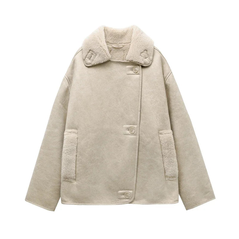RARF 2025 Women's new thick jacket Vintage lapel leather jacket single breasted pocket street warm jacket Aviola