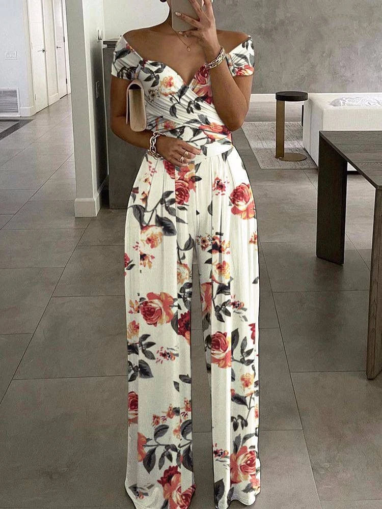 Floral Print Jumpsuit Women Summer Y2k Straight Party Overalls Y2k Club Romper Elegant Off Shoulder Sleeveless Party Jumpsuits Aviola