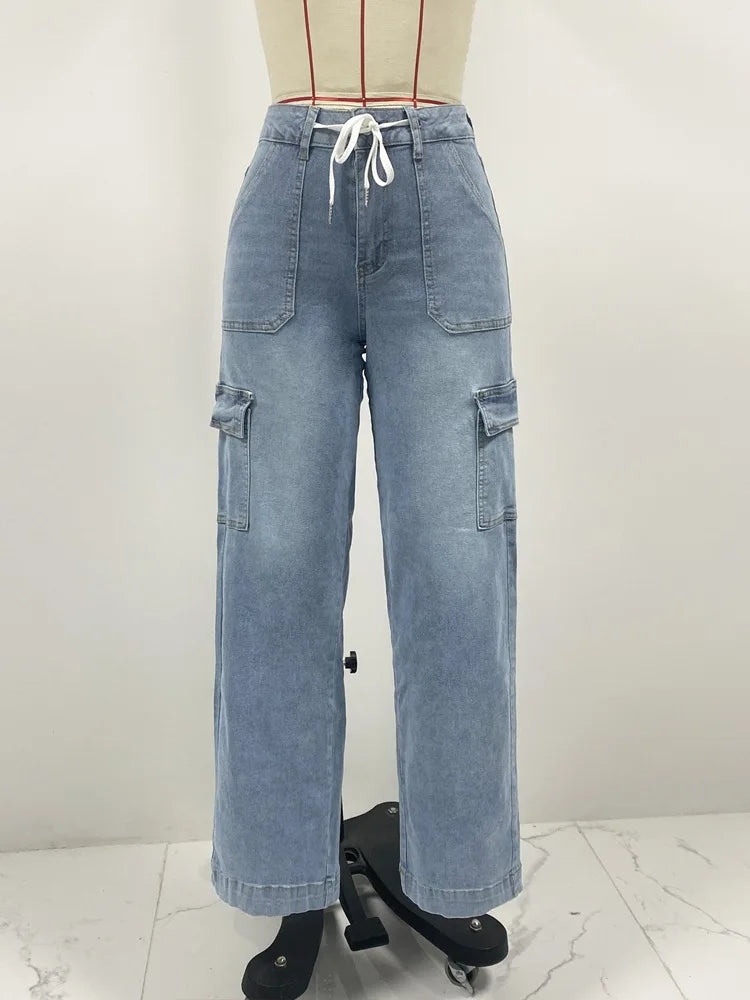 Denim Cargo Pant Women Jeans Long Pants Casual Loose High Waist Straight Trousers Y2k Streetwear Elegant Punk Mom Work 2025 Aviola