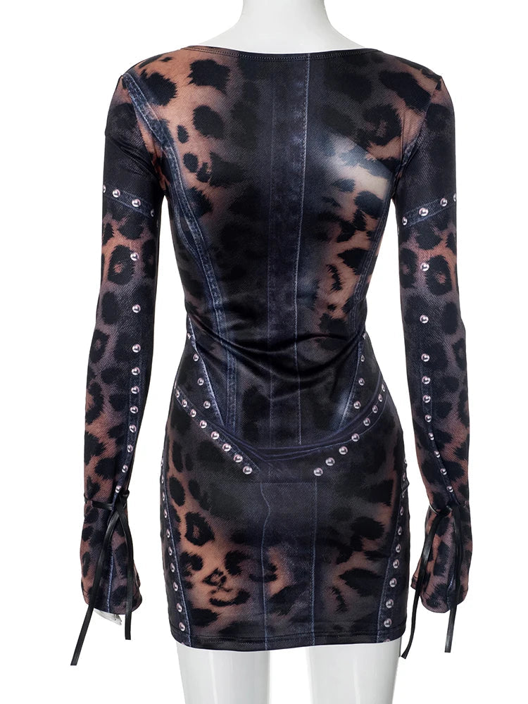Nibber Leopard Print Women Dress Rivet Frenulum Gradient Long Sleeves Skinny Midnight American Retro Rock Style Mini Bodycon Aviola