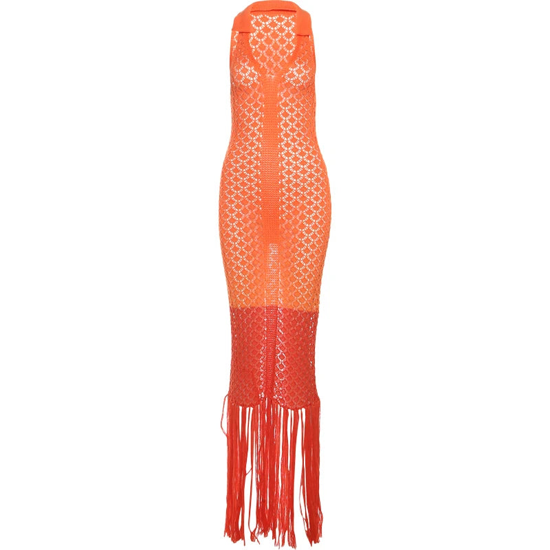 Nibber Tassel Mesh Patchwork Dress Women Solid See Through Sexy Sheath Y2K Casual Summer Trend Midnight Clubwear Party Vestidos Aviola