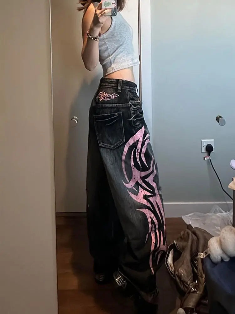 Denim Pant Women Jeans Wide Leg Long Pants Hole High Waist Straight Trousers Y2k Streetwear Print Mom Jeans Casual Loose 2025 Aviola