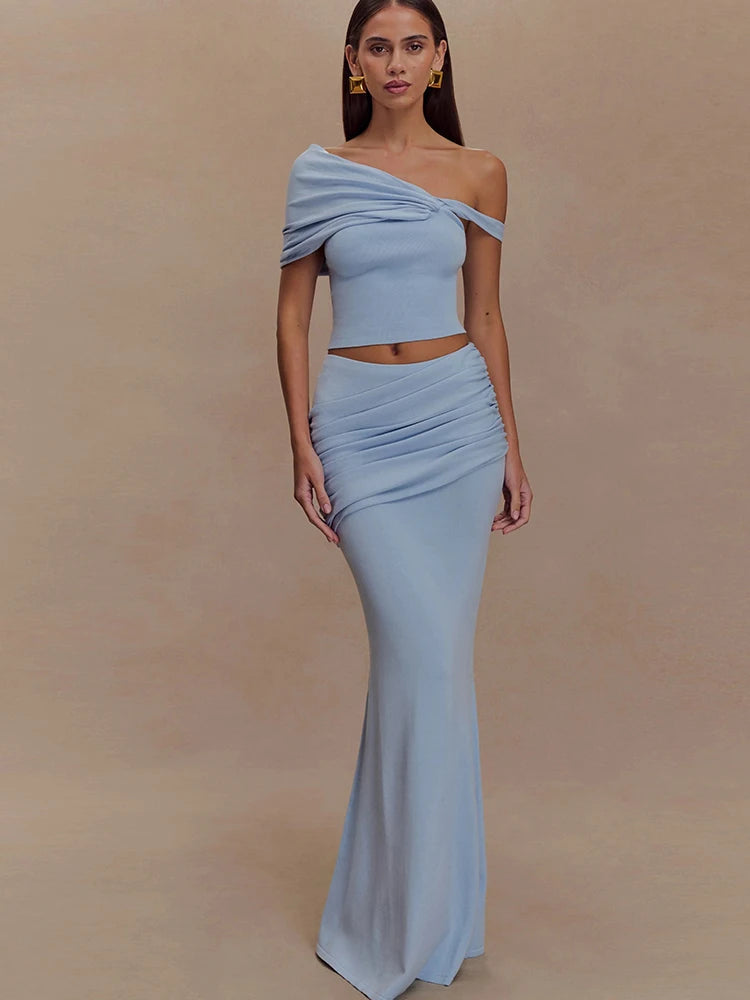 Nibber Elegant 2 Piece Set Women Irregular Skew Collar Backless Crop Top+Ruched Skirts Summer Skinny Fashion Beach Style Suit Aviola
