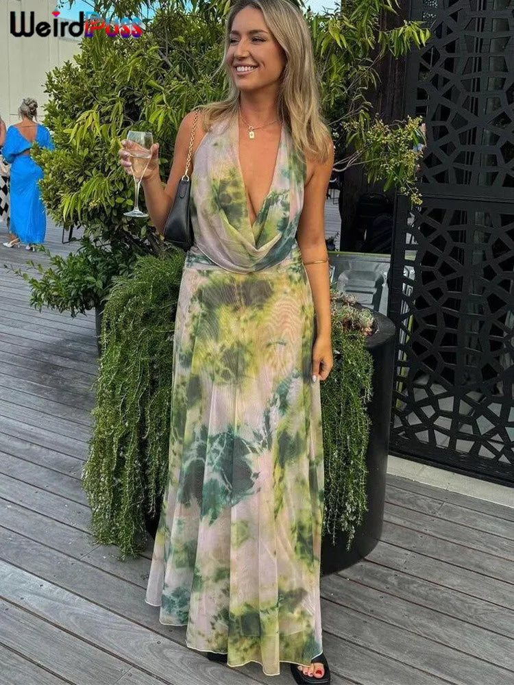 nibber Backless Halter 2Peice Set Woman Print Summer Swinging-Collar Bandage Tank Tops+Mesh Ruffles Tie-Dye Skirt Matching Suit Aviola