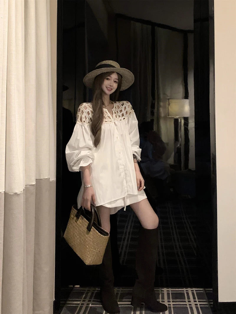 MEXZT Vintage White Shirts Women Streetwear Hollow Out Oversized Blouses Summer Ladies Korean Lantern Long Sleeve Casual Tops Aviola