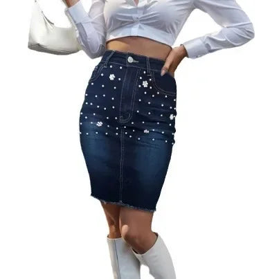 Denim Skirts for Women Sexy Hip Skirt Embroidered Flares Washed Distressed Pockets Slim High Waist 2025 Y2k Mom Jeans Streetwear Aviola