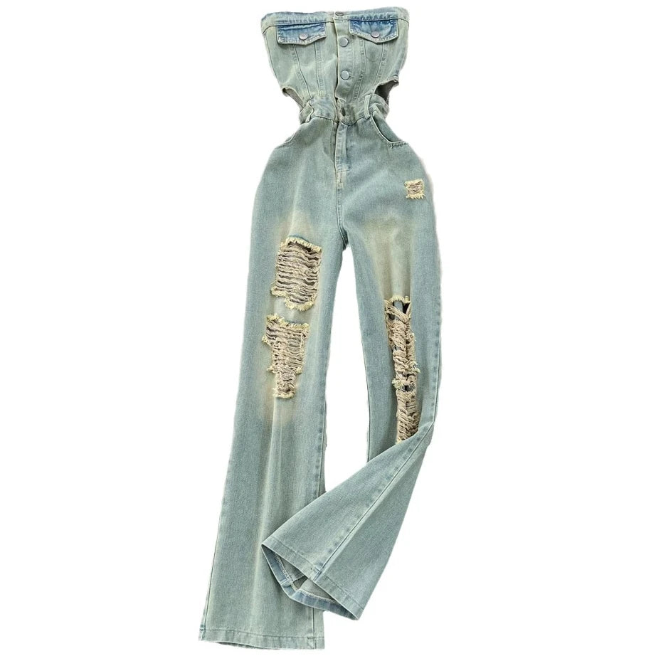 Denim Jumpsuits Women Hole One Piece Wide Leg Pants Sleeveless Strapless Distressed Mom Pockets Jeans Streetwear Summer 2025 Aviola