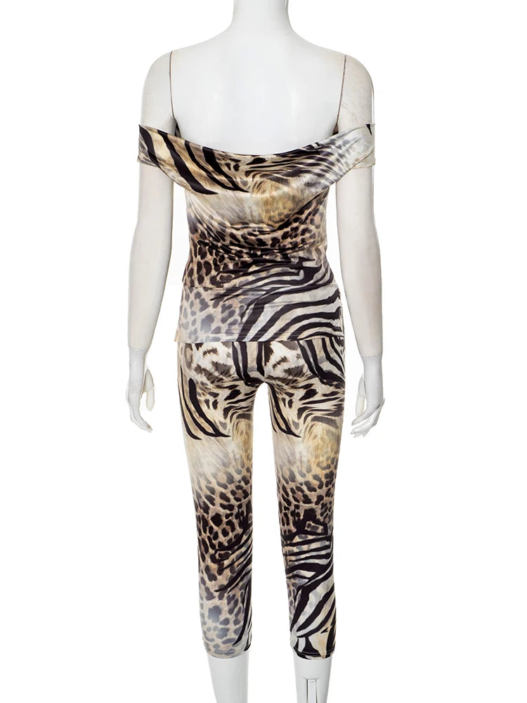 Nibber Fashion Leopard Print 2 Piece Set Women Slash Neck Backless Top+Skinny Peach Hip Crop Pants Hottie Hipster Streetwear Aviola