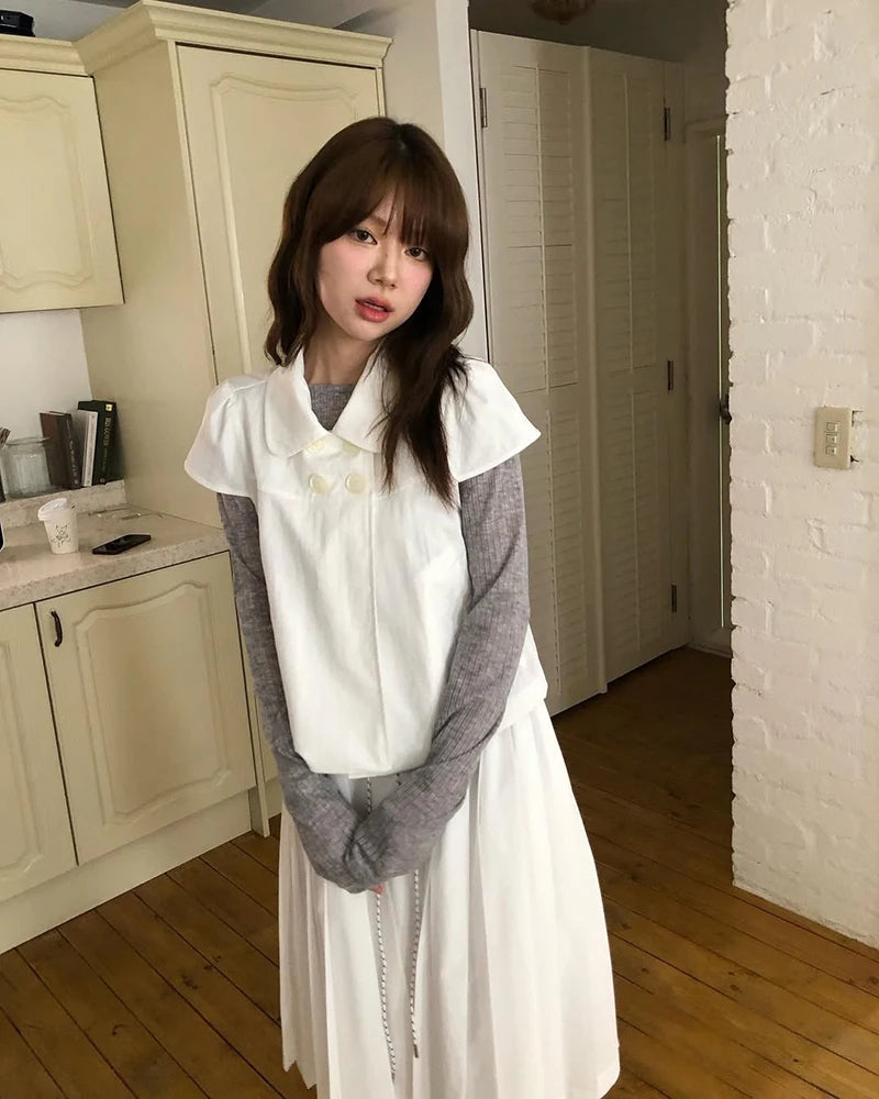 MEXZT Vintage Black Shirts Women Japanese Harajuku White Cropped Puff Short Sleeve Blouses Summer Korean Casual Design Tops New Aviola