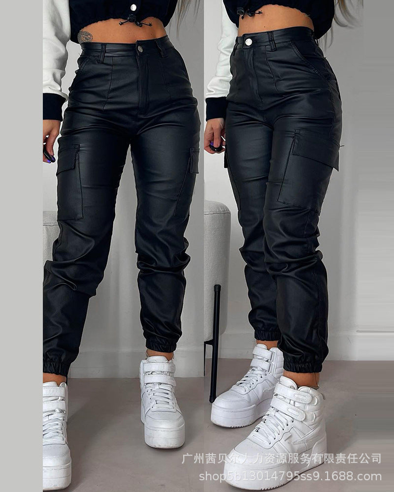 2023 Women Leather Pants Pencil Multiple Pockets Tight Pu Pants Solid Color Button Classic Leather Slim Trousers Female Autumn Aviola