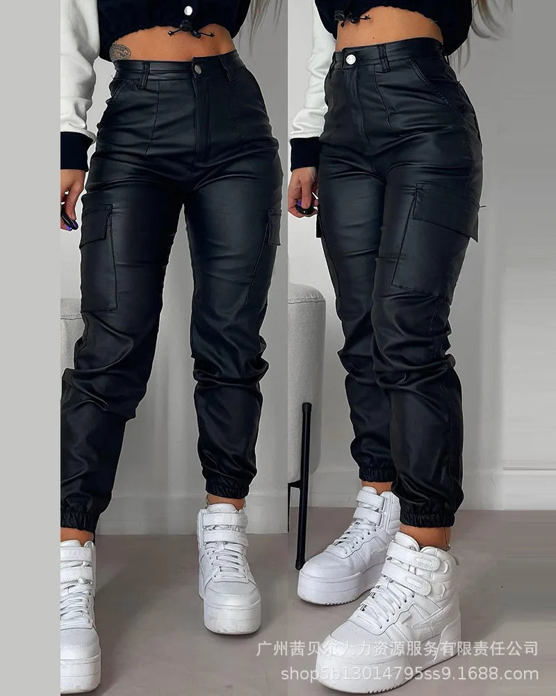2023 Women Leather Pants Pencil Multiple Pockets Tight Pu Pants Solid Color Button Classic Leather Slim Trousers Female Autumn Aviola