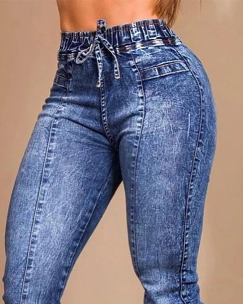 Women Jeans Elastic Waist Solid Color Pencil Pants Pockets Streetwear Casual Slim Fit High Street Flat Zipper 2023 Autumn Aviola