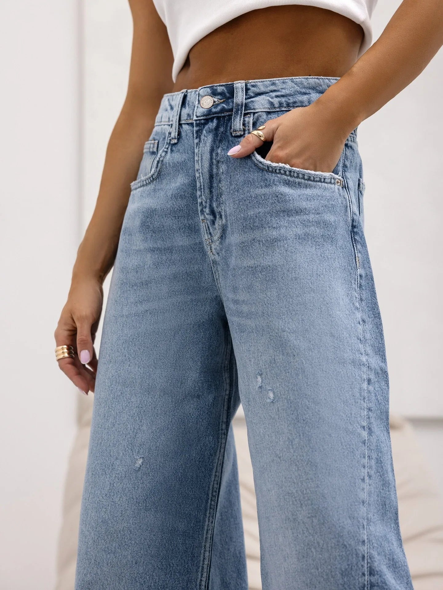 Women Denim Holes Jeans Washing Pencil Pants High Waist Zipper Mom Fly Slim Wide Leg Pockets Full Length Spring 2025 Streetwear Aviola